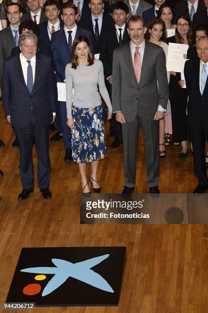 King Felipe of Spai and Queen Letizia of Spain deliver 'La Caixa' Scholarships at Caixa Forum cultural center on April 10, 2018 in Madrid, Spain