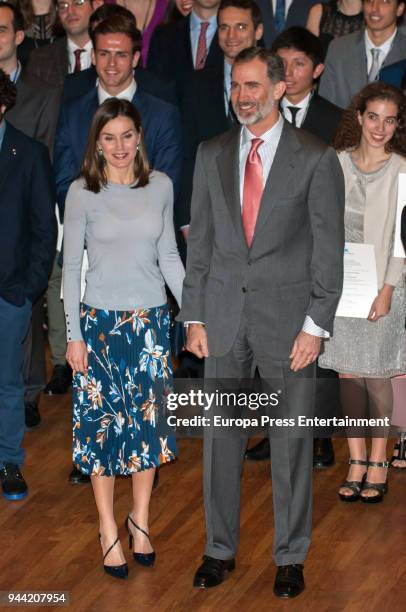 King Felipe VI of Spain and Queen Letizia of Spain attend the 36th Caixa Scholarship award ceremony on April 10, 2018 in Madrid, Spain. 120 students...