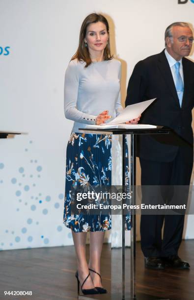 Queen Letizia of Spain attends the 36th Caixa Scholarship award ceremony on April 10, 2018 in Madrid, Spain. 120 students are selected and awarded...