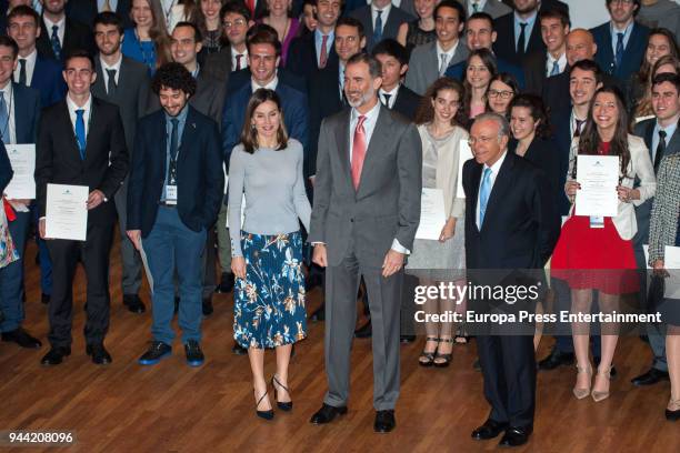 King Felipe VI of Spain and Queen Letizia of Spain attend the 36th Caixa Scholarship award ceremony on April 10, 2018 in Madrid, Spain. 120 students...