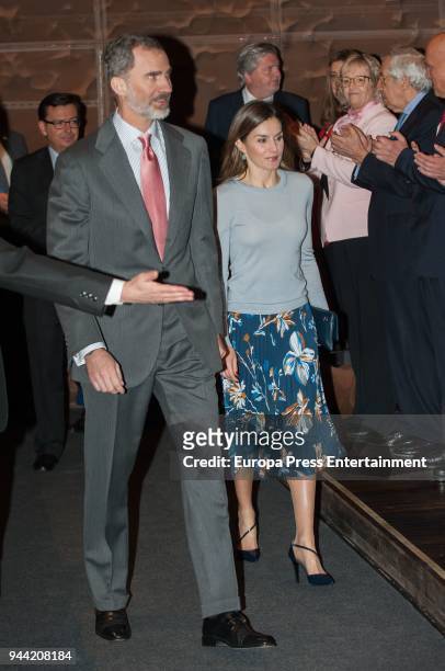 King Felipe VI of Spain and Queen Letizia of Spain attend the 36th Caixa Scholarship award ceremony on April 10, 2018 in Madrid, Spain. 120 students...