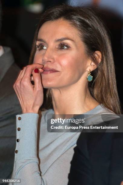 Queen Letizia of Spain attends the 36th Caixa Scholarship award ceremony on April 10, 2018 in Madrid, Spain. 120 students are selected and awarded...