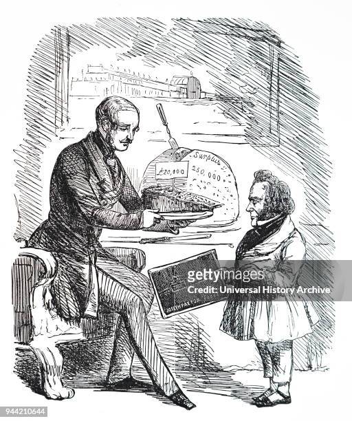 Cartoon depicting Prince Albert handing Joseph Paxton a Œ£20,000 slice of 'Solid Pudding' from the surplus from the Great Exhibition. Albert, Prince...