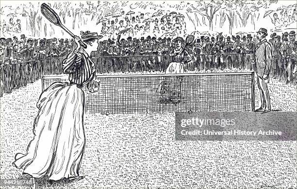 Cartoon depicting a ladies' tennis match. Illustrated by George du Maurier a Franco-British cartoonist and author. Dated 19th century.