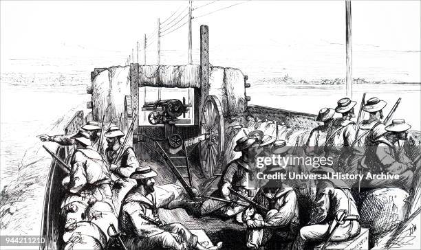 Illustration depicting the rear of an armoured train with a Gatling gun used during a war in Egypt. Dated 19th century.