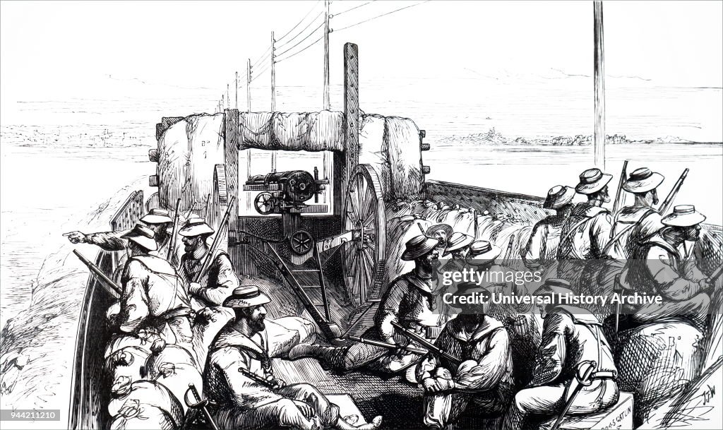 The rear of an armoured train with a Gatling gun.