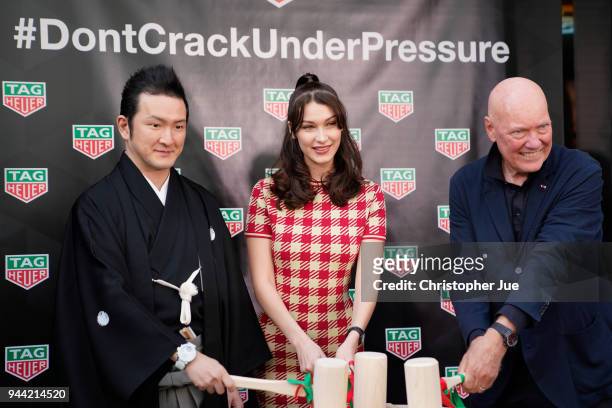 Kabuki actor Shido Nakamura , Model Bella Hadid and TAG Heuer CEO Jean-Claude Biver attend the TAG Heuer Ginza Boutique Opening Ceremony on April 9,...