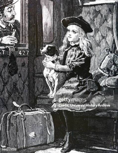 Illustration depicting a girl and her dog in a railway carriage: ticket collector asking for her dog's ticket. Dated 19th century.