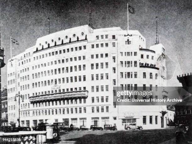 Photograph of the exterior of Broadcasting House, London, which at the time symbolised the practical progressiveness and modernity of the B. B. C.'s...