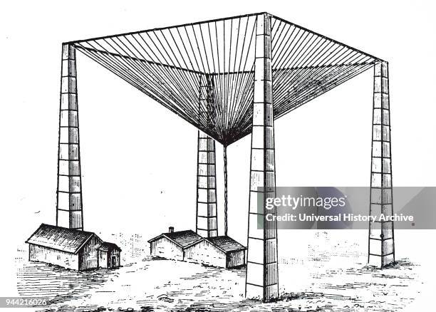 Illustration depicting Guglielmo Marconi's wireless telegraph station in Dresden, which received signals from Oberschoneweide and transmitted them to...