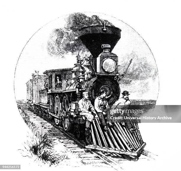 Illustration depicting a train with a cowcatcher. Dated 19th century.