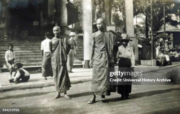 Buddhist monks in Rangoon, Burma, Myanmar circa 1940.