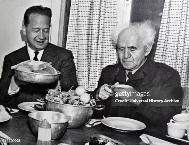 Israeli Prime Minister David Ben Gurion (1886-1973 with Dag Hammarskjold , Swedish Secretary-General of the United Nations, from April 1953 until his...