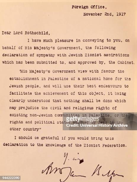 Copy of the Balfour Declaration was a public statement issued in 1917, by the British government, during World War One, announcing support for the...