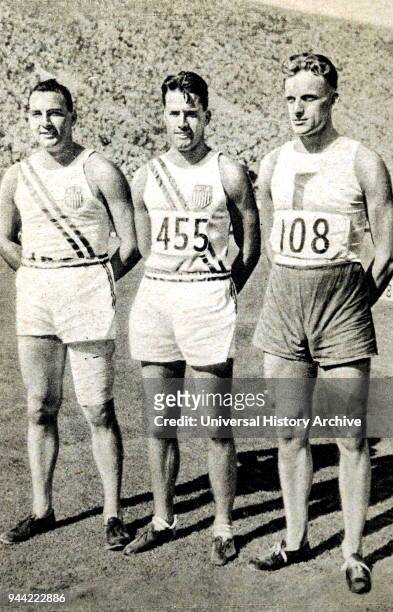 Photograph of the top three winners of the shot put in the 1932 Olympic games. Leo Sexton Gold medallist, Harlow Rothert Silver medallist, Frantisek...