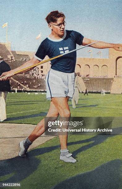 Photograph of Matti Jarvinen competing in the Javelin throw during the 1932 Olympic games. From 1930 to 1936 Matti managed to break the javelin world...