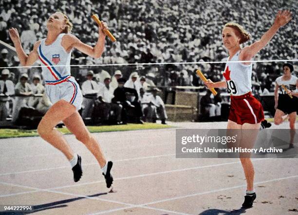 The women's 4 x 100 metres relay event at the 1932 Olympic games. Gold went to the USA's Mary Carew, Evelyn Furtsch, Annette Rogers & Billie von...