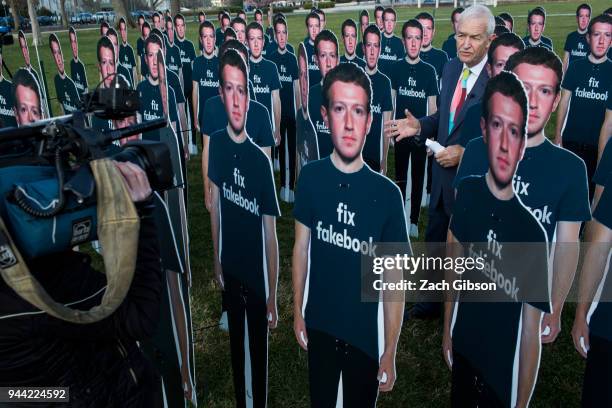 Life-sized cutouts of Facebook CEO Mark Zuckerberg sit on the lawn of the U.S. Capitol on April 10, 2018 in Washington, DC. The advocacy group Avaaz...