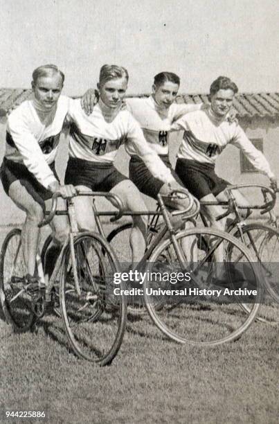 Photograph of the German cycling team at the 1932 Olympic games. Julius Maus, Hubert Ebner, Werner Wittig and Henry Trondle.