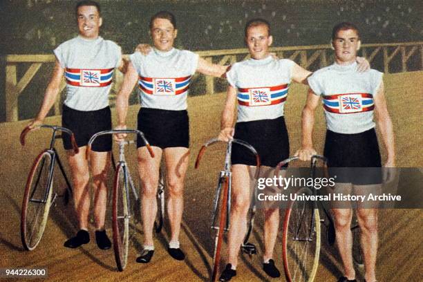 Photograph of Great Britain's pursuit team at the 1932 Olympic games. Charles Holland , William Frank Southall , William Gladstone Harvell and Ernest...