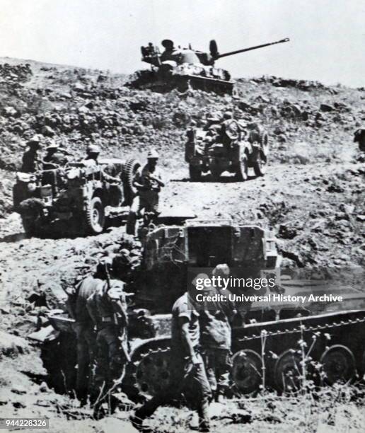 Israeli Tanks and troops on the Golan Heights, during the 1967, Six Day War.