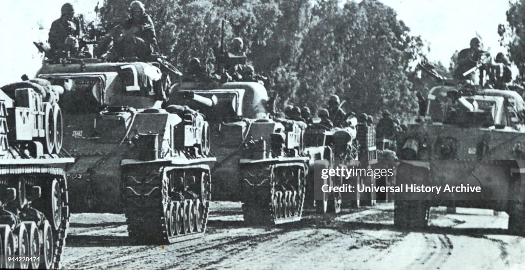 Israeli tanks in an armoured column on the way to the Sinai Region during the Six Day War 1967.