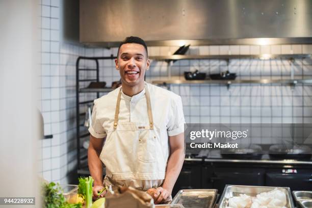 portrait of smiling male chef preparing food at kitchen counter in restaurant - apron stockfoto's en -beelden