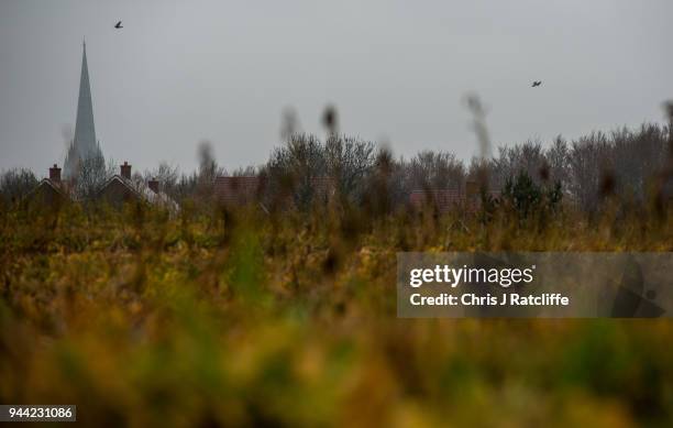 The spire of Salisbury Cathedral is seen in the distance whilst investigations continue into the nerve agent attack on Sergei and Yulia Skripal on...