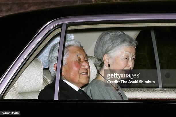 Emperor Akihito and Empress Michiko are seen on arrival at the togu Palace on April 10, 2018 in Tokyo, Japan.