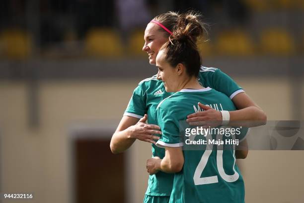 Lina Magull of Germany celebrates with Alexandra Popp after scoring a goal to make it 0-1 during Slovenia Women's and Germany Women's 2019 FIFA...