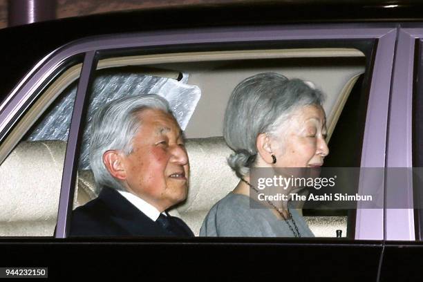 Emperor Akihito and Empress Michiko are seen on arrival at the togu Palace on April 10, 2018 in Tokyo, Japan.