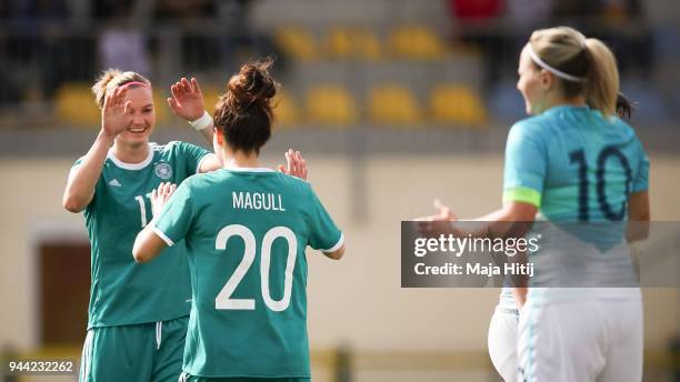 Lina Magull of Germany celebrates with Alexandra Popp after scoring a goal to make it 0-1 during Slovenia Women's and Germany Women's 2019 FIFA...