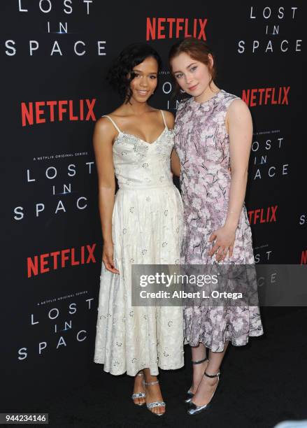 Actress Taylor Russell amd actress Mina Sundwall arrive for the Premiere Of Netflix's "Lost In Space" Season 1 held at The Cinerama Dome on April 9,...