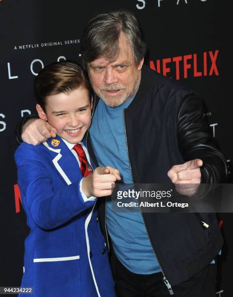 Actors Maxwell Jenkins and Mark Hamill arrive for the Premiere Of Netflix's "Lost In Space" Season 1 held at The Cinerama Dome on April 9, 2018 in...