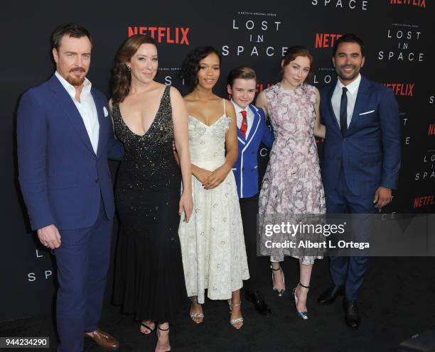 Cast Toby Stephens, Molly Parker, Taylor Russell, Maxwell Jenkins, and Mina Sundwall arrives for the Premiere Of Netflix's "Lost In Space" Season 1...