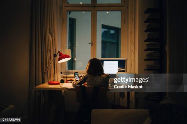 girl using laptop and computer while sitting at illuminated desk - children sitting back foto e immagini stock