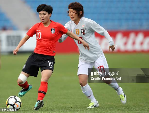 Mizuho Sakaguchi of Japan and Ji Soyun of Korea in action during the AFC Women's Asian Cup Group B match between South Korea and Japan at the Amman...