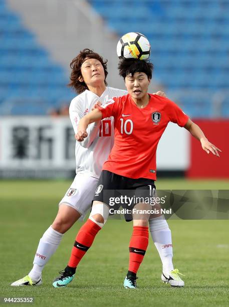 Mizuho Sakaguchi of Japan and Ji Soyun of Korea in action during the AFC Women's Asian Cup Group B match between South Korea and Japan at the Amman...