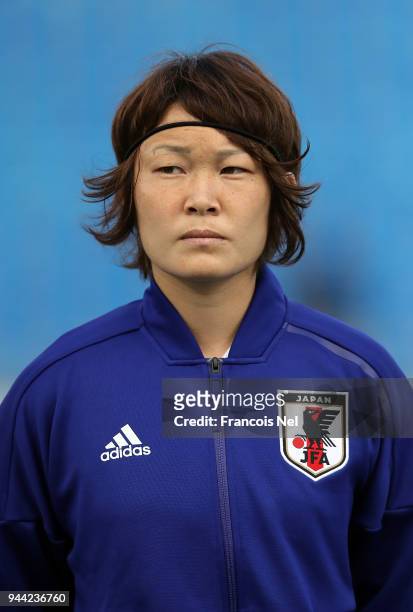 Mizuho Sakaguchi of Japan looks on prior to the AFC Women's Asian Cup Group B match between South Korea and Japan at the Amman International Stadium...