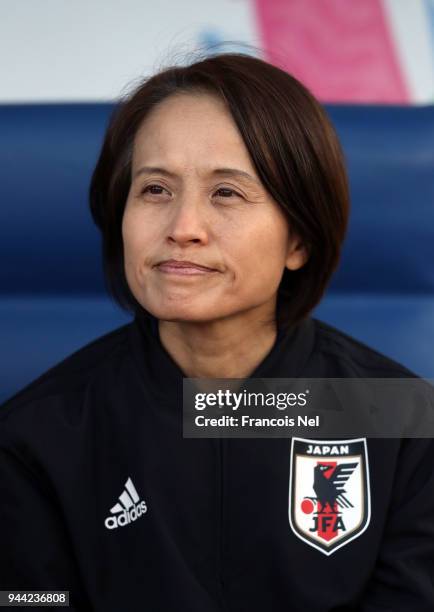 Head coach of Japan, Asako Takemoto looks on prior to the AFC Women's Asian Cup Group B match between South Korea and Japan at the Amman...