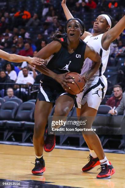 Jordan Brand Classic Away Team forward Queen Egbo during the Jordan Brand Classic National Girls Game on April 8 at the Barclays Center in...