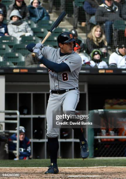 Mikie Mahtook of the Detroit Tigers bats against the Chicago White Sox on April 8, 2018 at Guaranteed Rate Field in Chicago, Illinois. The Tigers won...