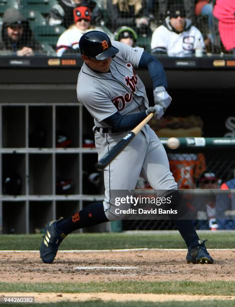 Mikie Mahtook of the Detroit Tigers bats against the Chicago White Sox on April 8, 2018 at Guaranteed Rate Field in Chicago, Illinois. The Tigers won...