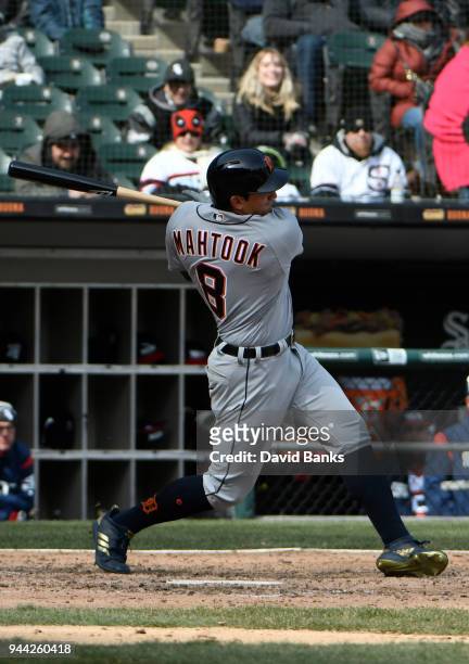 Mikie Mahtook of the Detroit Tigers bats against the Chicago White Sox on April 8, 2018 at Guaranteed Rate Field in Chicago, Illinois. The Tigers won...