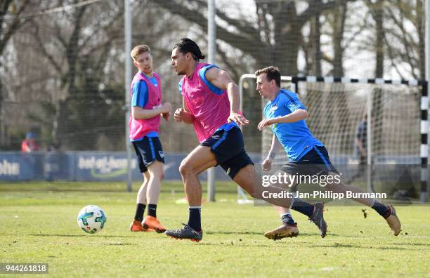 Karim Rekik and Vladimir Darida of Hertha BSC during the training at Schenkendorfplatz on April 10, 2018 in Berlin, Germany.