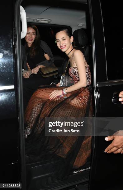 Kiko Mizuhara arrives at the Dior Addict Lacquer Plump Party at 1 OAK on April 10, 2018 in Tokyo, Japan.