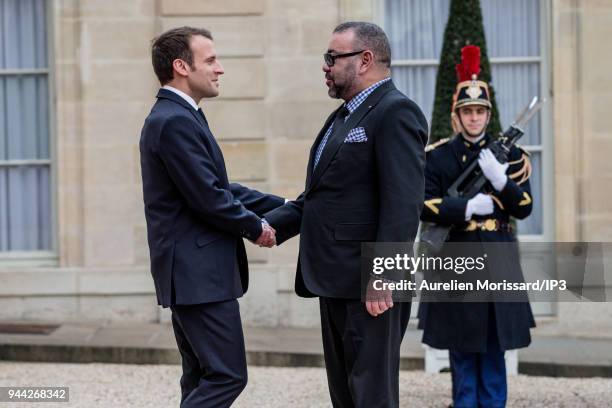 French President Emmanuel Macron welcomes King Mohammed VI of Morocco , at Elysee Palace on April 10, 2018 in Paris, France. Sovereign Mohammed VI,...