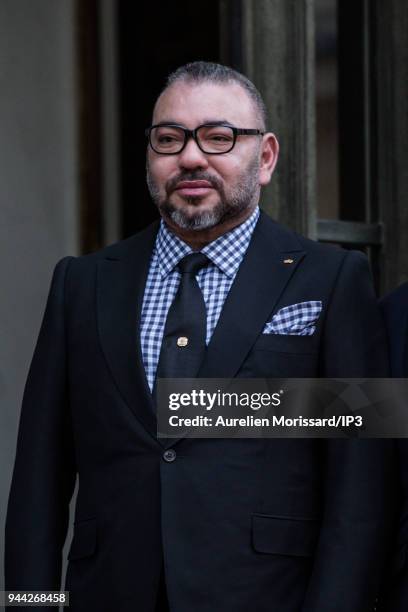 King Mohammed VI of Morocco arrives at Elysee Palace for a metting with the french president Emmanuel Macron on April 10, 2018 in Paris, France....