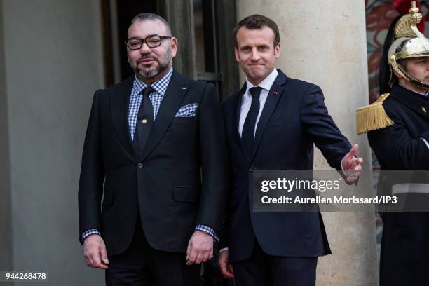 French President Emmanuel Macron welcomes King Mohammed VI of Morocco , at Elysee Palace on April 10, 2018 in Paris, France. Sovereign Mohammed VI,...