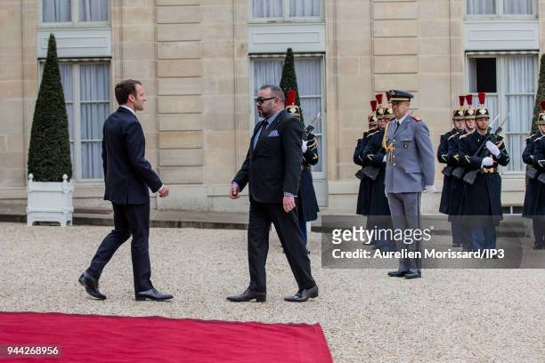 French President Emmanuel Macron welcomes King Mohammed VI of Morocco , at Elysee Palace on April 10, 2018 in Paris, France. Sovereign Mohammed VI,...